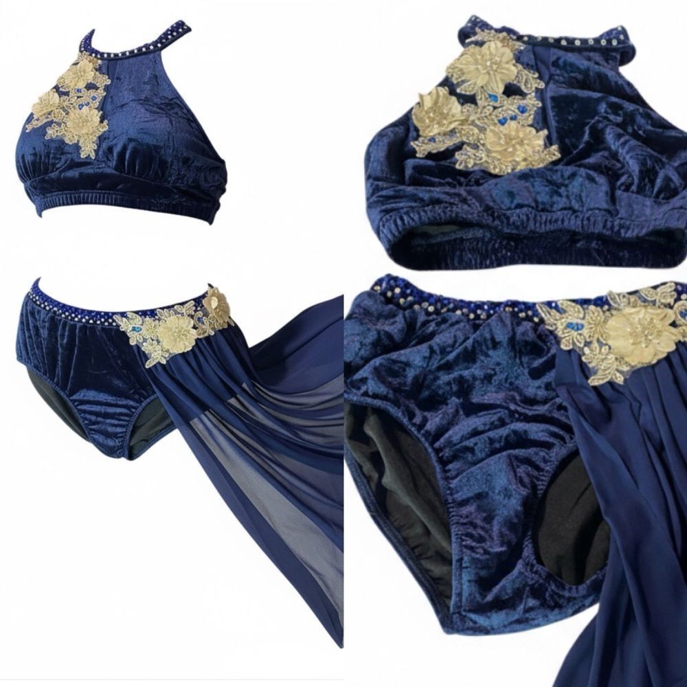 Rare Glamour competition, solo dance costume blue velvet lyrical 2 piece MA adul